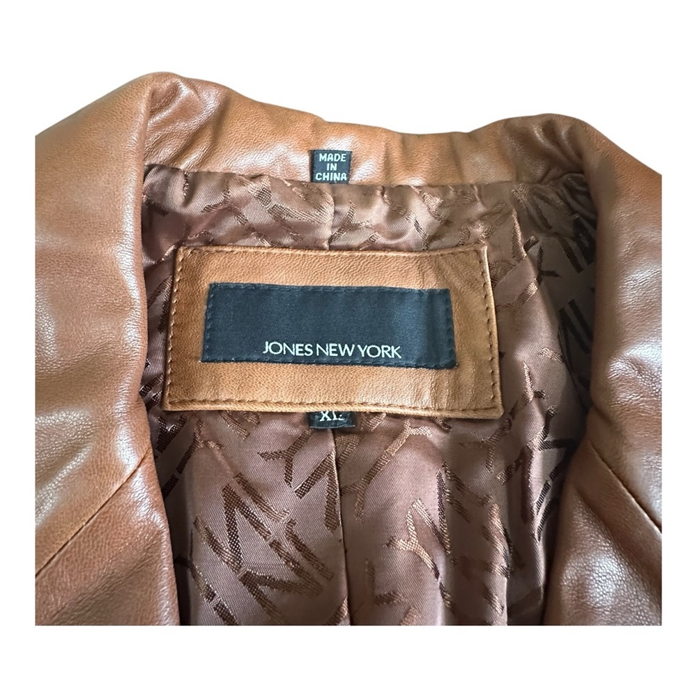 Jones New York Women’s XL Genuine Leather Blazer Cognac Brown Button Jacket - Picture 5 of 7